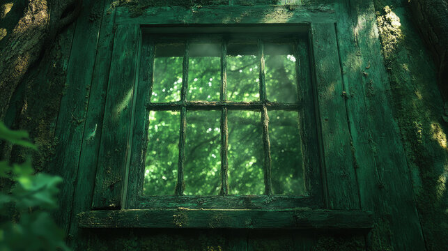 Mysterious old wooden window with iron bars, overgrown with moss and vines, reflecting lush green forest.