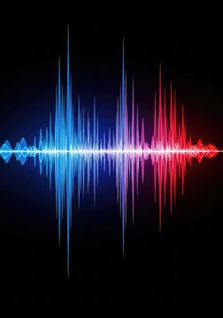 Dynamic blue and red sound waves ripple across a dark backdrop, capturing the energy of digital music and rhythmic motion for art media, data, pulse, soundwave