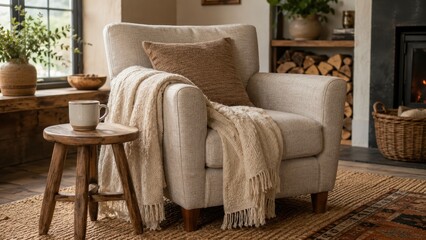 Obraz premium Cozy neutral living room corner with beige upholstered armchair, fringed throw, brown cushion, wooden side table with mug, patterned rug, fireplace and stacked firewood
