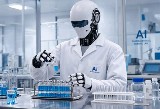 Autonomous robotic unit working on precision laboratory machinery during automated pharmaceutical drug development testing.