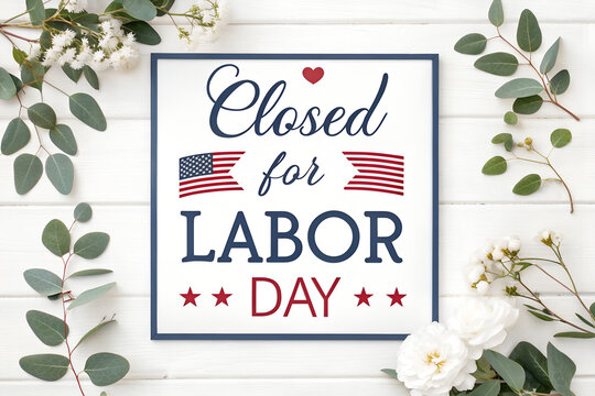 Closed for Labor Day Elegant Sign, Patriotic Labor Day Closed Floral Poster, Rustic Wood Closed for Labor Day Banner, American Flag Labor Day Holiday Notice, Chic Closed Labor Day Business Print