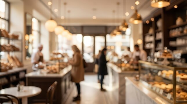 blurred interior of busy artisan bakery, glass display cases with pastries, warm lighting, indistinct people, cozy atmosphere.