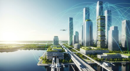 Fototapeta premium Futuristic urban landscape featuring glowing digital data networks, sustainable architecture, green roofs and advanced transit connectivity, eco-friendly, sustainable, urban planning