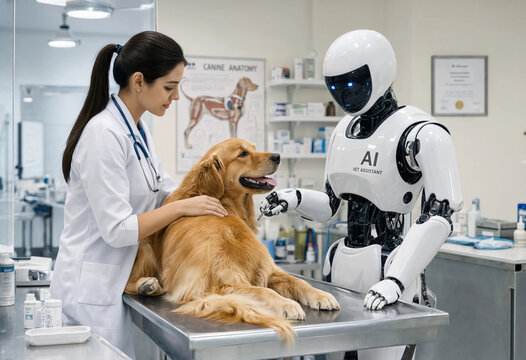 Woman doctor and a clinical robot gently petting a dog in an examination room at a modern futuristic veterinary health clinic.