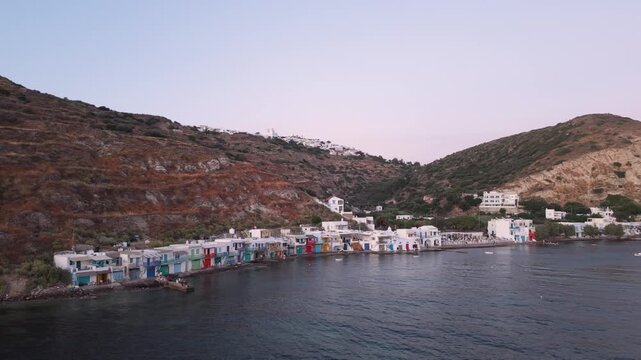 Wide Aerial Panorama Of Klima Fishing Village In Milos Cyclades Greece