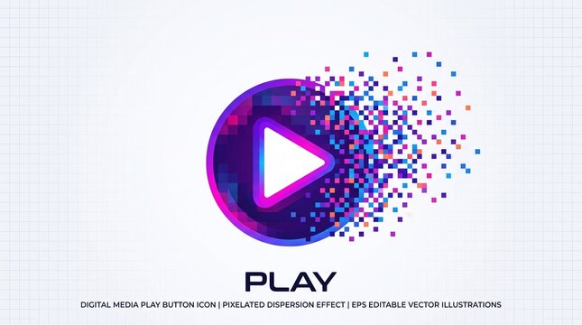 A neon blue play button disperses into colorful pixels, symbolizing digital media, transformation, and dynamic motion in futuristic streaming design.
