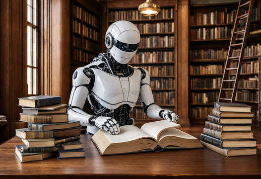 Smart reading robot sitting at a study table reading a book in an archive room equipped with AI knowledge management systems.