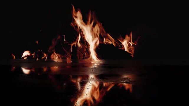 Cinematic blazing fire burning on a reflective dark surface with glowing flames
