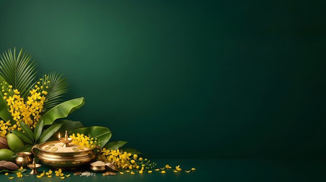 Vishu festival background with traditional brass uruli with kanikonna flowers with rice gold coins