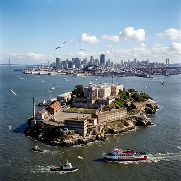 Alcatraz Island and San Francisco Skyline Aerial View