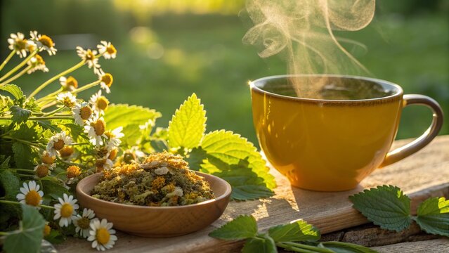 Ayurvedic herbal medicine tea with dried botanical ingredients for wellness.