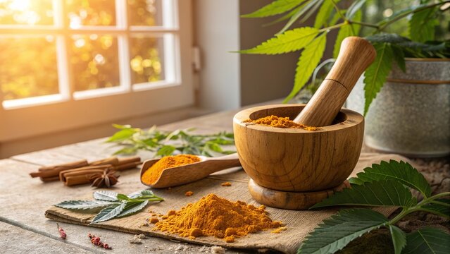 Ayurvedic herbal medicine concept with wooden mortar and natural herbs.