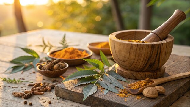 Wooden mortar Ayurvedic herbal medicine concept with traditional botanical ingredients.