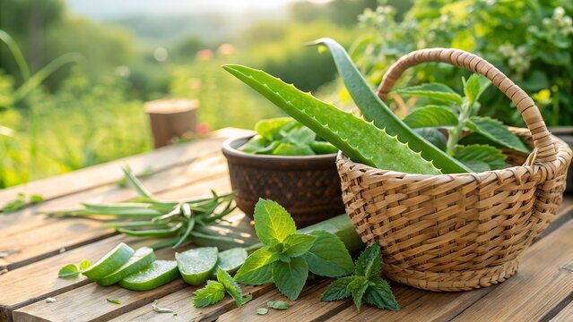 Ayurvedic herbal medicine garden harvest with fresh botanical healing plants.