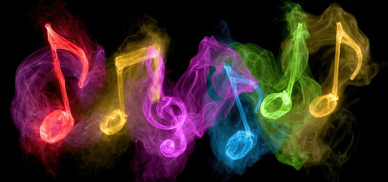 Vividly colored musical notes swirling with light, creating a lively and festive ambiance for music event marketing.