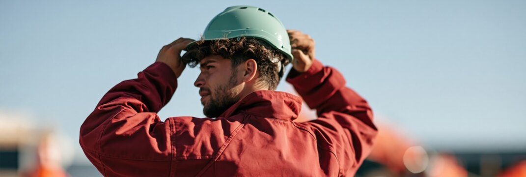 Panoramic view of a construction worker from behind adjusting helmet in red jacket for safety banner and industrial background design