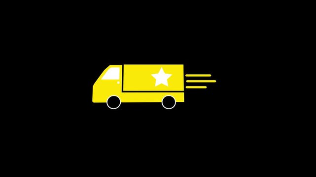 Fast Delivery Truck Driving with Star Logo Animated Icon Loop Isolated on Black Background for Premium Express Shipping, Logistics, and Freight Transport