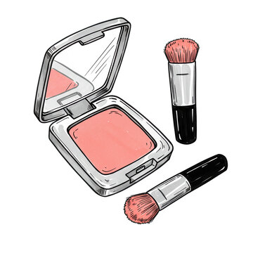 Hand drawn blush compact and brushes isolated on transparent background