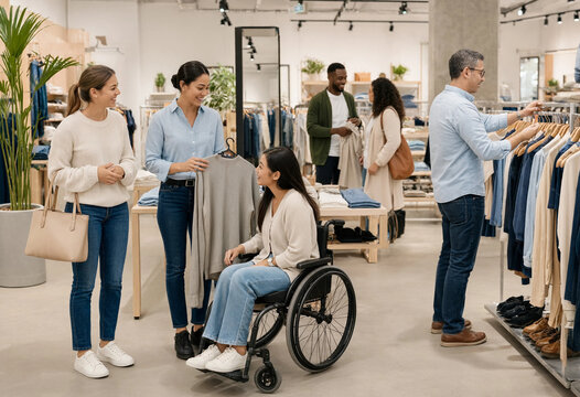 Woman in a wheelchair customer talking to a friendly male retail staff assistant inside a modern clothing department store.