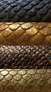 Abstract background set featuring detailed golden and dark fish scales with metallic reflection, smooth overlapping texture, and luxurious organic pattern for modern creative and fantasy design backgr