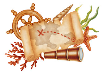 Watercolor illustration of marine composition with old treasure map, wooden ship wheel, anchor, telescope. Children's, nautical, travel themes. Suitable for design, prints, postcards, sea travel © Elli