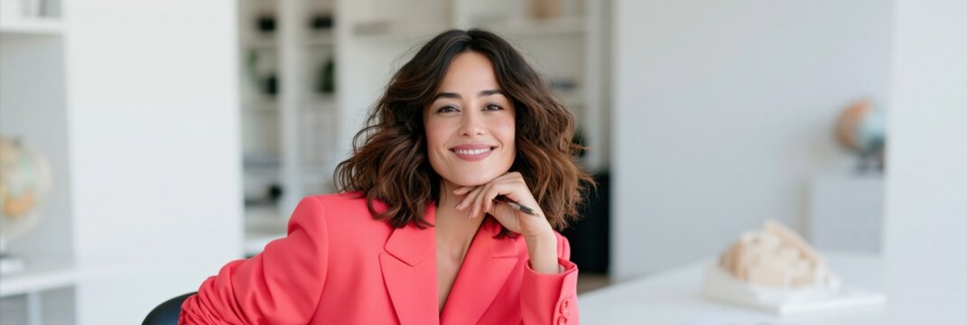 Professional businesswoman wide banner portrait in a coral blazer seated at a desk in a bright office for website header profile marketing and corporate use