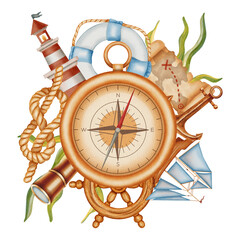 Watercolor illustration with compass, lighthouse, lifebuoy, ship sails, steering wheel, anchor. Children's, nautical, travel themes. Suitable for design, prints, postcards, sea travel © Elli