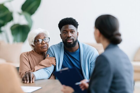 Son and elderly mother in a legal and care consultation with advisor for estate and health planning materials and brochures