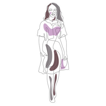 Continuous Line Art Full Body Standing Woman Vector Illustration with Abstract Pastel Shapes