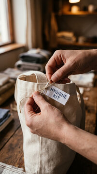 Close up of tying tag hygiene kit on cloth bag