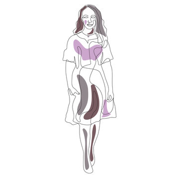 Continuous Line Art Full Body Standing Woman Vector Illustration with Abstract Pastel Shapes