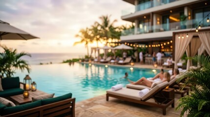 Fototapeta premium wide angle view of luxury tropical resort infinity pool at sunset, loungers with towels, palms, ocean horizon, modern architecture.
