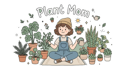 Plant Mom's Paradise: A delightful illustration depicts a cheerful young woman surrounded by a vibrant collection of potted houseplants, embracing her role as a devoted Plant Mom in a cozy.