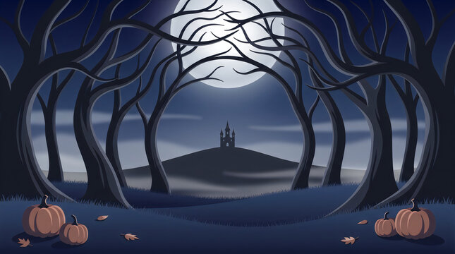 Pixel art halloween scenery with a haunted house silhouette in a creepy dark forest under a full moon with pumpkins in front