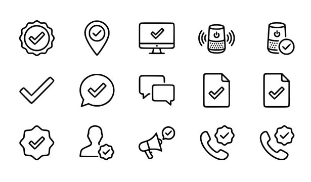 Approval and communication outline icon set with checkmark location technology smart speaker and influencer symbols