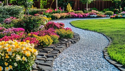 Obraz premium Stunning Garden Landscape Featuring a Winding Gravel Path Lined with Vibrant Colorful Floral Beds