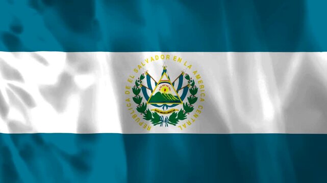 Waving flag of El Salvador featuring the national coat of arms centered on blue and white stripes
