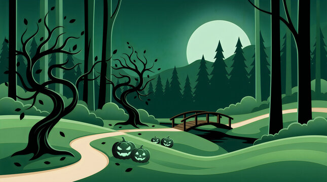 Spooky halloween forest landscape with jack o lantern pumpkins on a path under a full moon in a dark night mystery environment