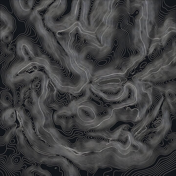 Abstract topographic contour map background featuring intricate white line art patterns of mountain terrain and geographic elevation
