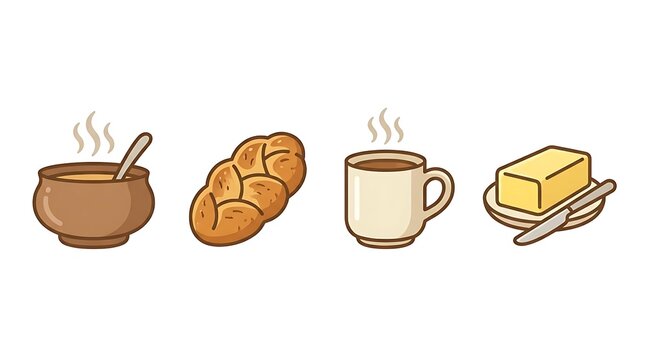 Soup bowl, bread, coffee cup, and butter illustration.
