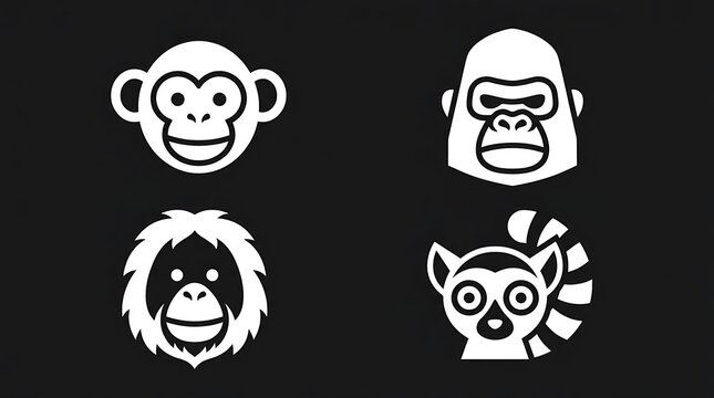 Stylized primate heads set including monkey, gorilla, and lemur.
