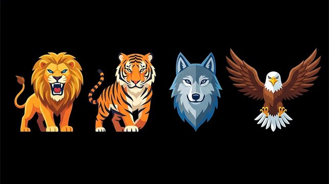 Stylized wild animal mascot illustrations on black background.