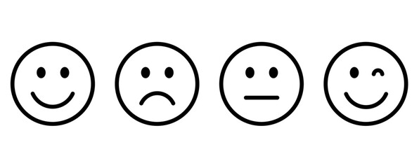 Fototapeta premium Minimalist line art emoji icons, set of 4 black outline smiley faces, simple mood and emotion vector symbols for feedback