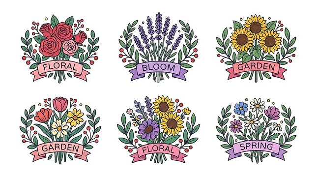 Vintage style floral badges with spring garden text.