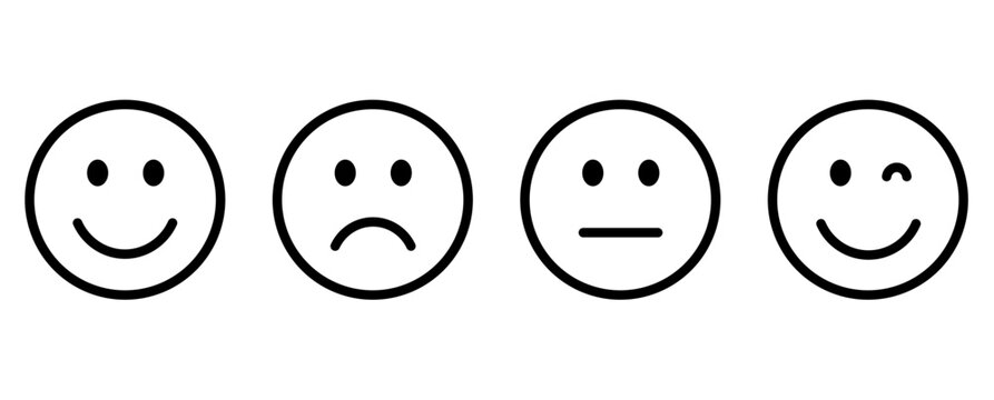 Minimalist line art emoji icons, set of 4 black outline smiley faces, simple mood and emotion vector symbols for feedback