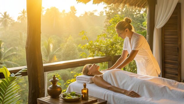 Ayurvedic massage wellness spa featuring luxurious natural therapeutic surroundings.