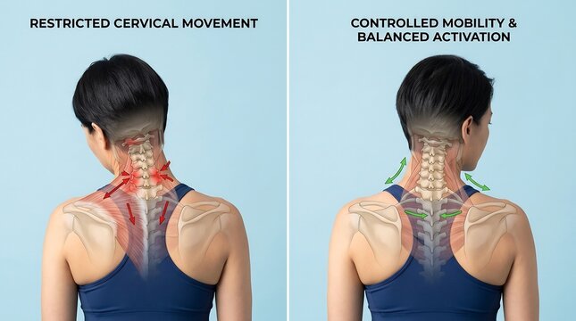 Medical illustration comparing restricted cervical movement with pain and controlled neck mobility with balanced muscle activation