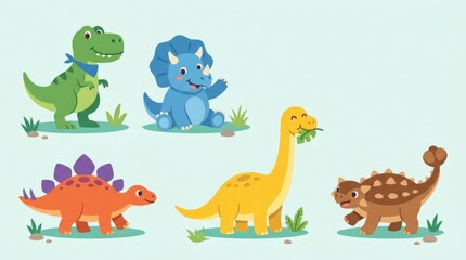 Fototapeta premium Cute cartoon dinosaur collection featuring friendly Tyrannosaurus, Triceratops, Stegosaurus, Brachiosaurus and Ankylosaurus, standing, walking, waving