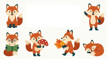 Obraz premium Cute cartoon fox collection with happy facial expressions, sitting, standing, waving, reading a book, holding a mushroom, carrying autumn leaves, slee