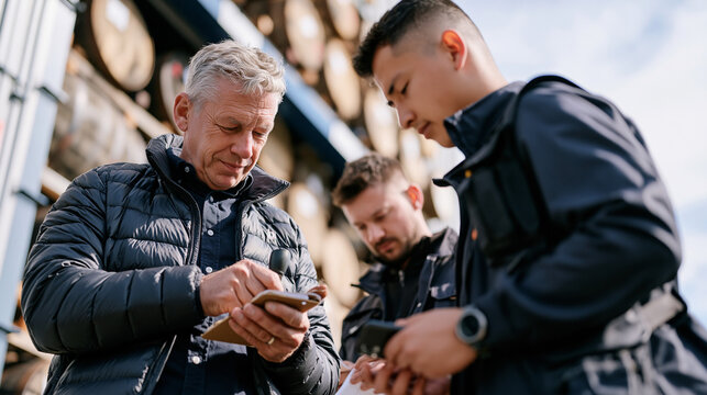 Elderly master distiller standing beneath a heavy overcast sky outside aging warehouse doors, using a structured body doubling routine with a younger apprentice nearby to stay focused on barrel samp
